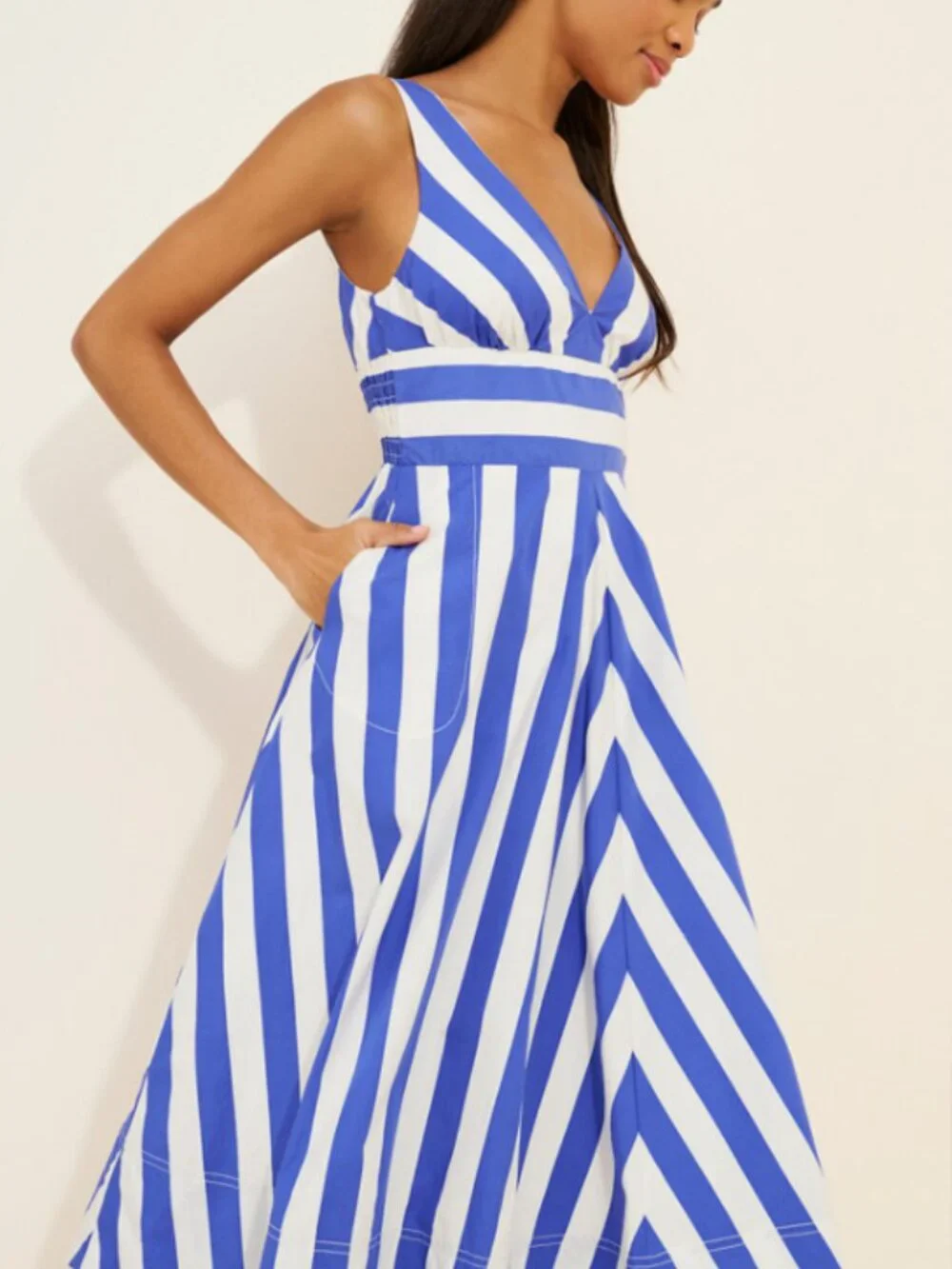 Anthropologie V-Neck Sleeveless Fit & Flare Midi Dress Coastal Nautical Stripe S - Picture 1 of 8
